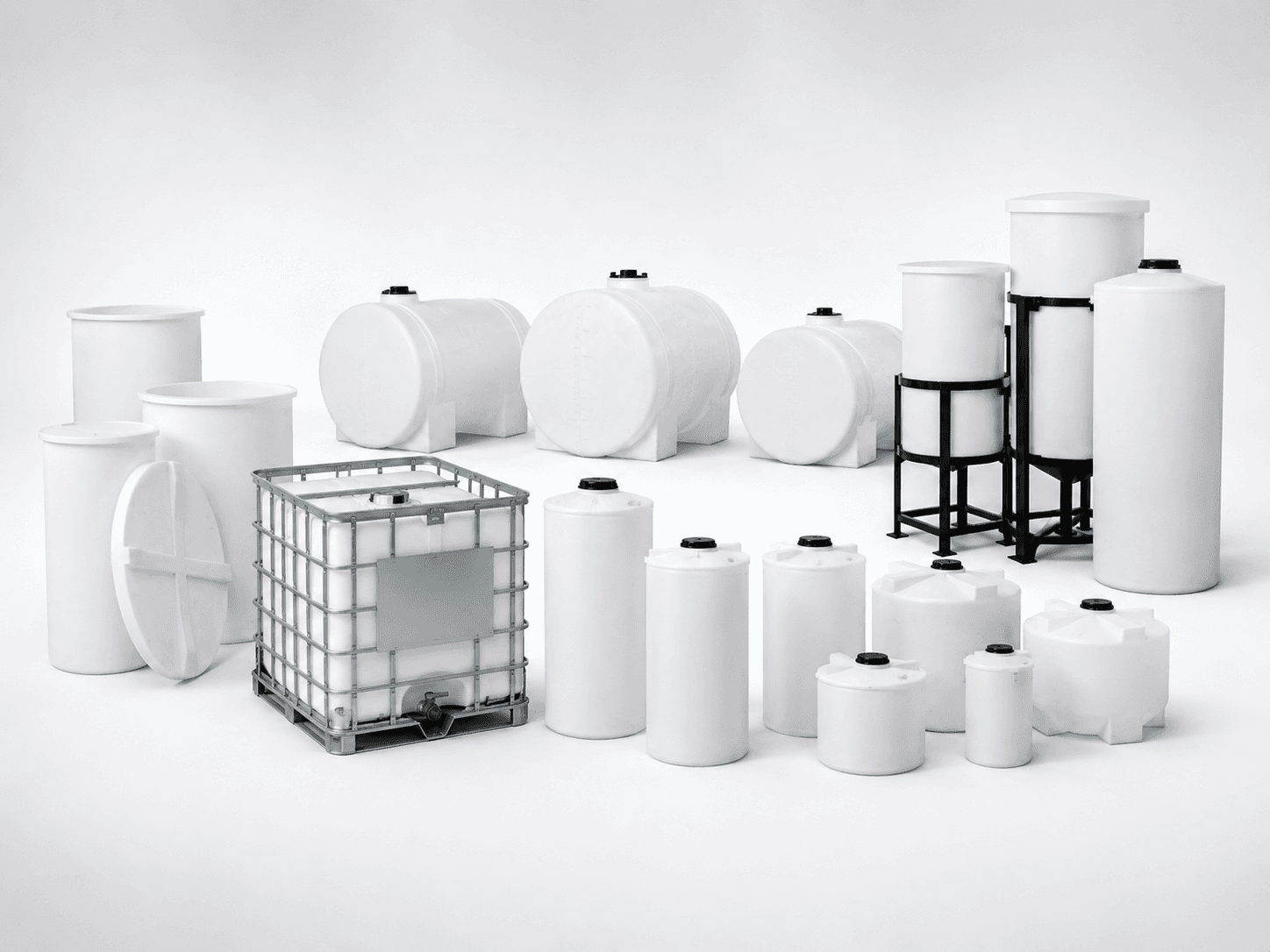 A selection of vertical, horizontal, cone-bottom, open-top, and tote plastic tanks