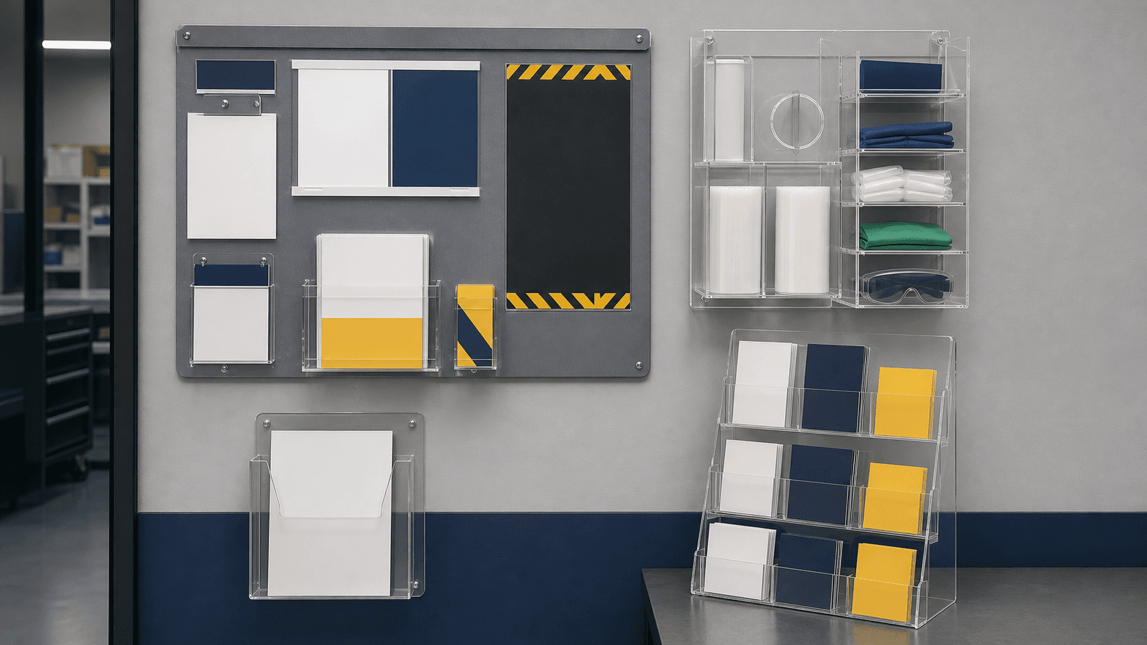 Information centre, PPE organizer, document holder, and literature display in a workplace