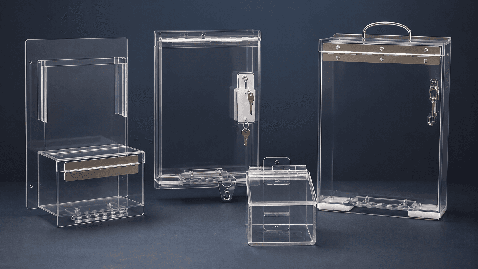 Group of clear wall-mounted, portable, and compact lockout-tagout boxes