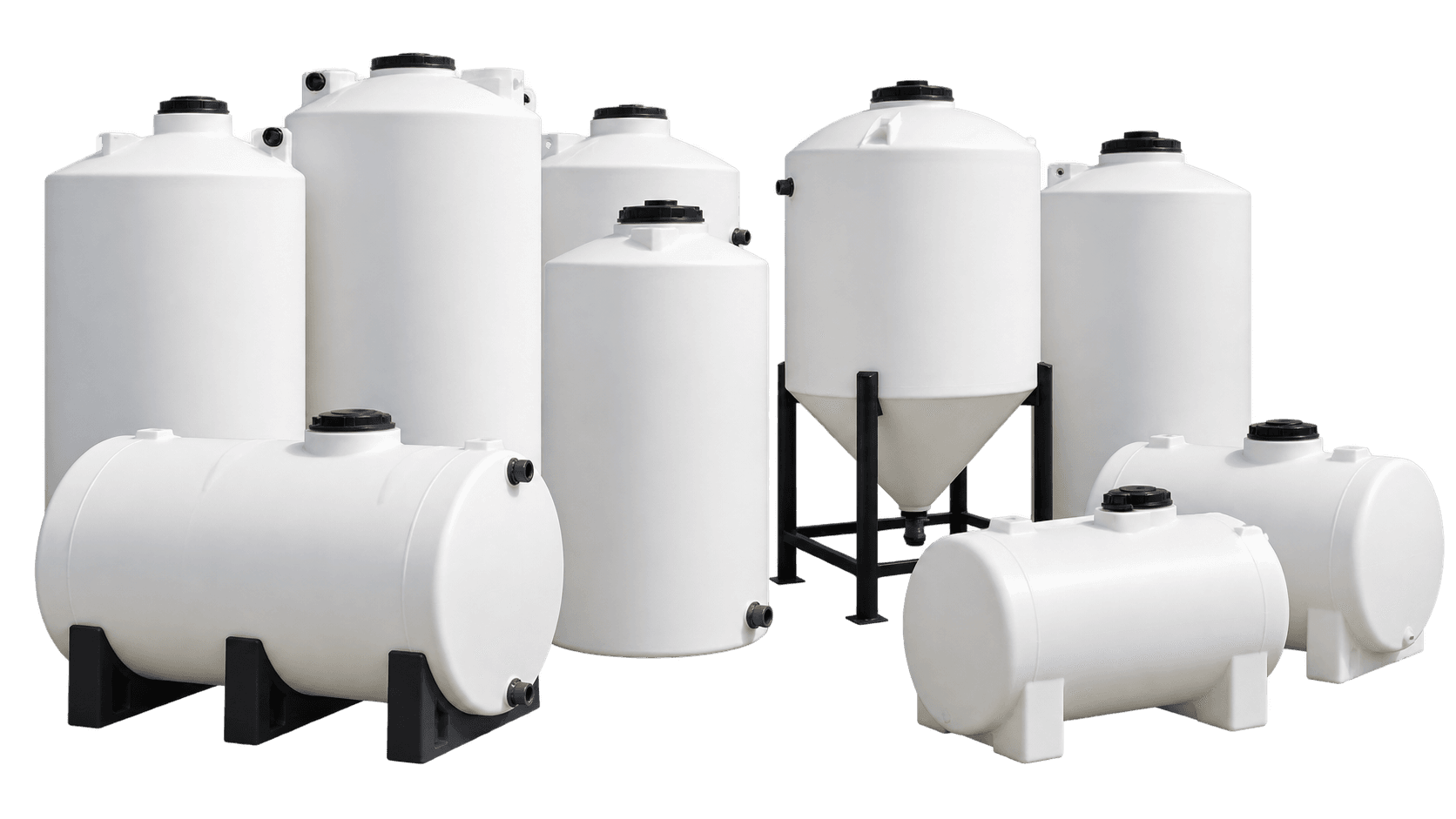 A selection of vertical, horizontal, and cone-bottom polyethylene tanks