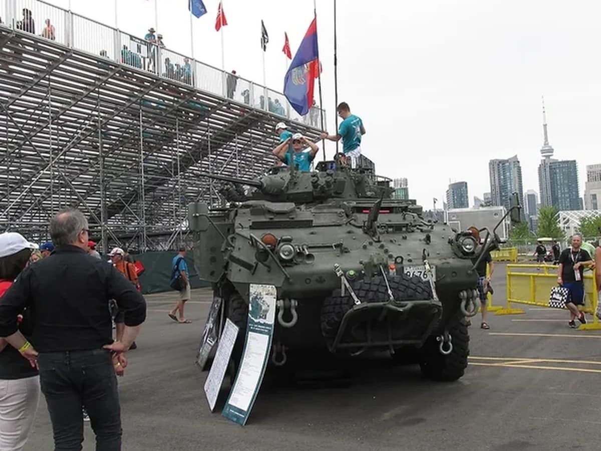 Canadian LAV III armoured vehicle displayed at a public exhibition