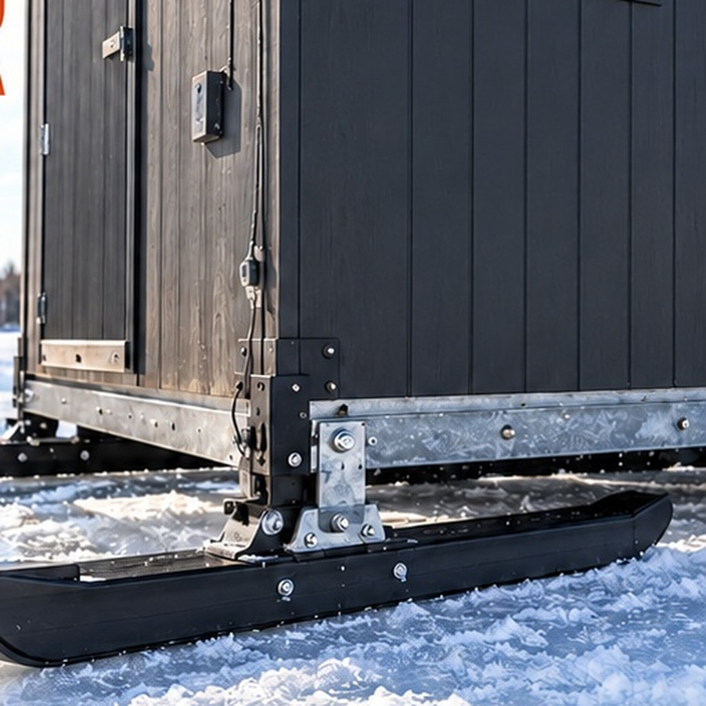 Close-up of an ice fishing shack runner